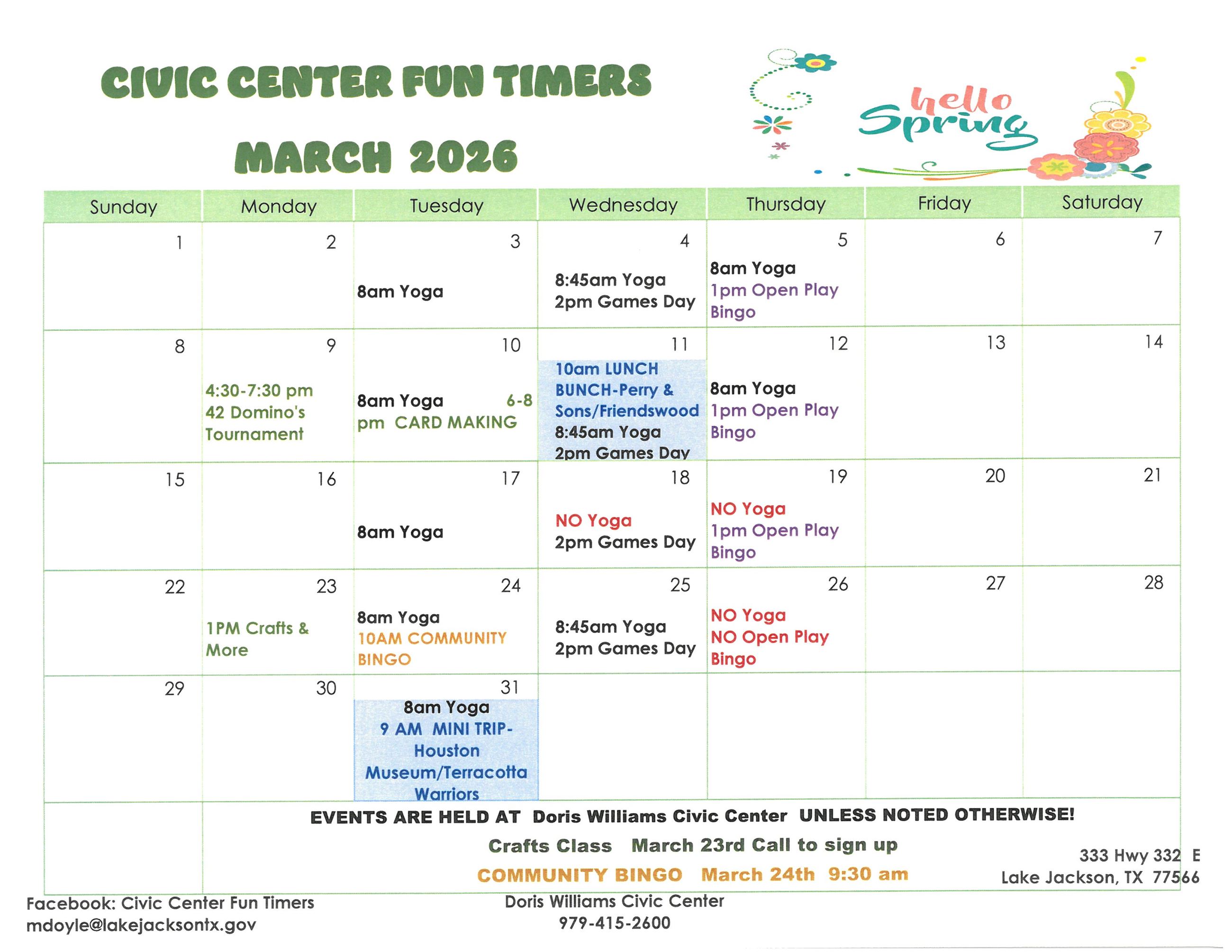 Seniors Calendar March 2026